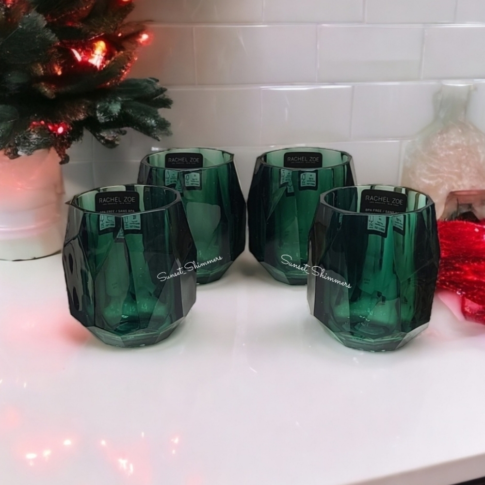 4pc Rachel Zoe Emerald Green Acrylic Crystal Tumbler Drink Glass Set Christmas